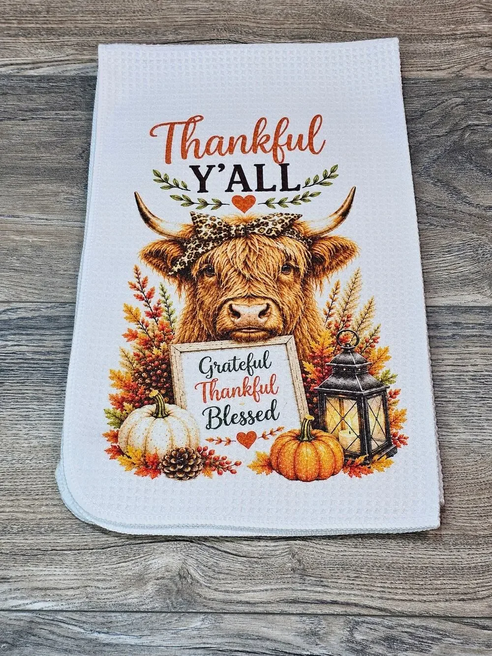 Highland Cow Thanksgiving Kitchen Towel Thankful Y'all Fall Farmhouse Decor
